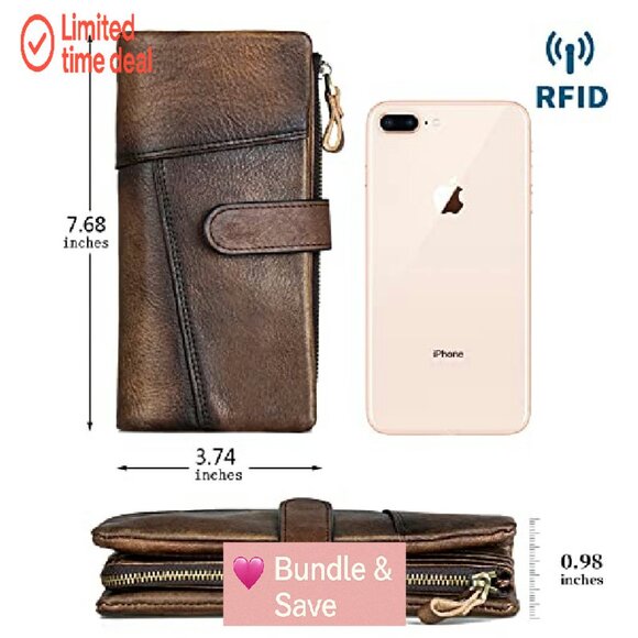 RFID Blocking Genuine Leather Wallet with 18 Card Slots & Zipper Pockets - Picture 6 of 8